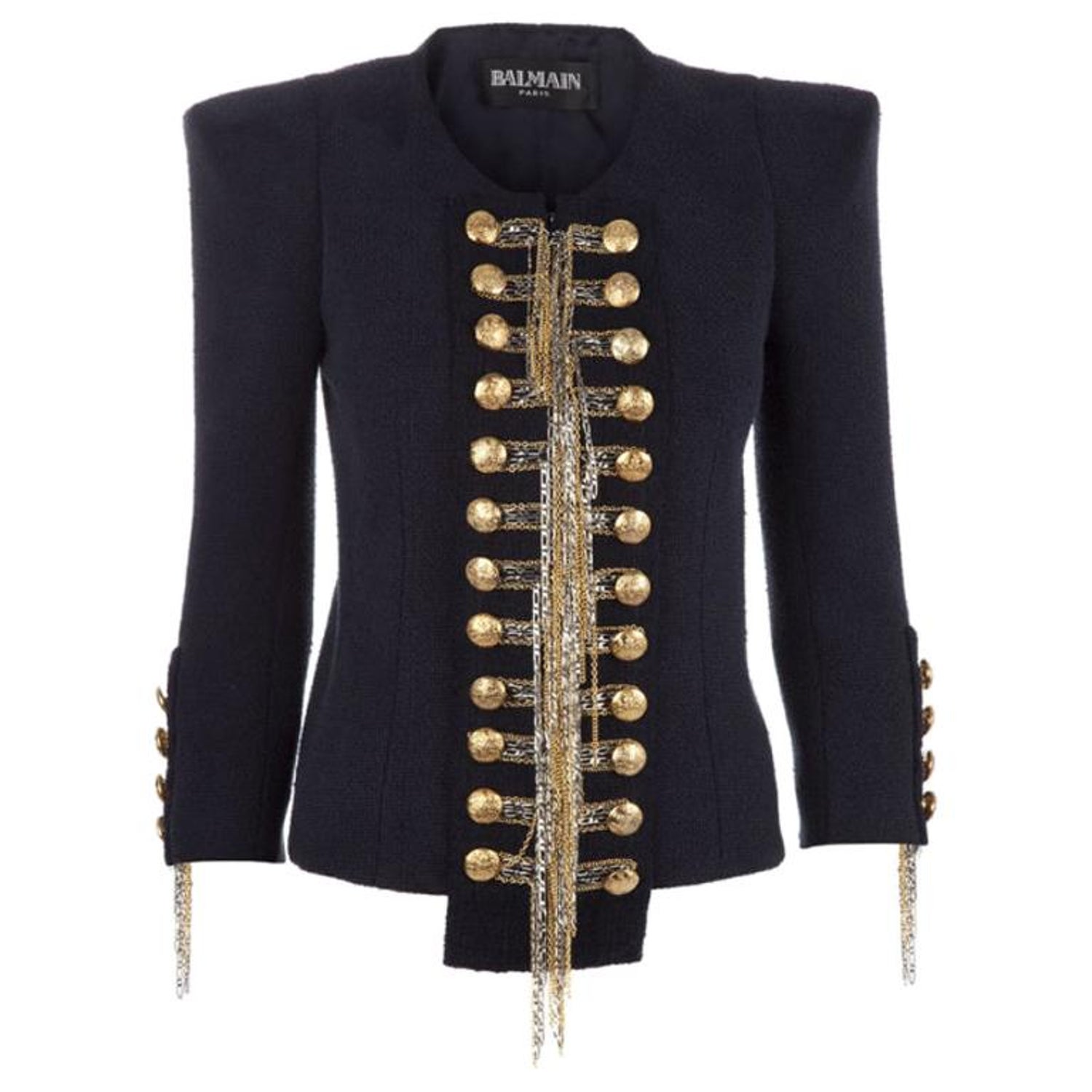 BALMAIN Blue Military Jacket w/Metallic Chain Detail CELEBS LOVE at 1stDibs