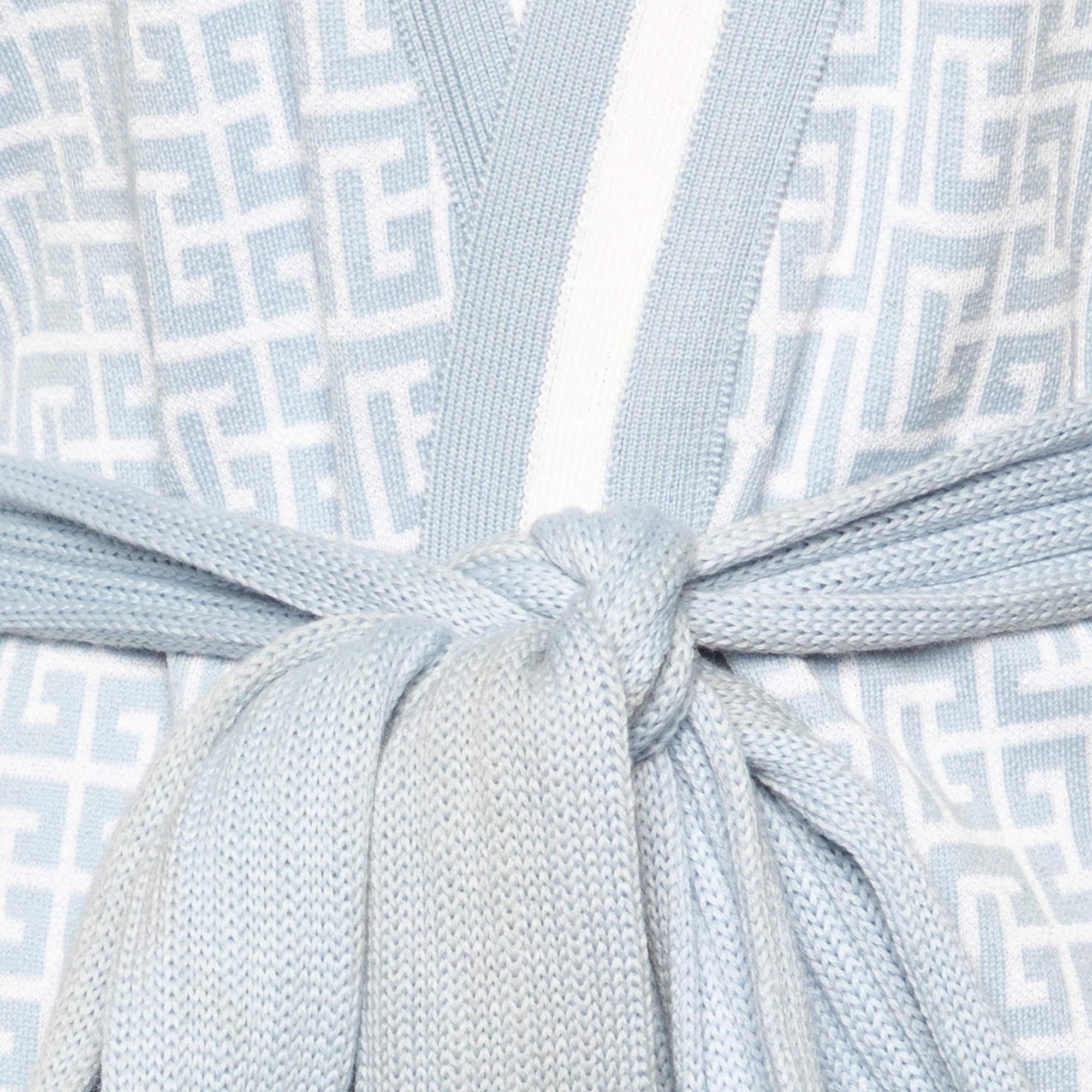 Women's Balmain Blue Monogram Knit Open Front Belted Cardigan M For Sale