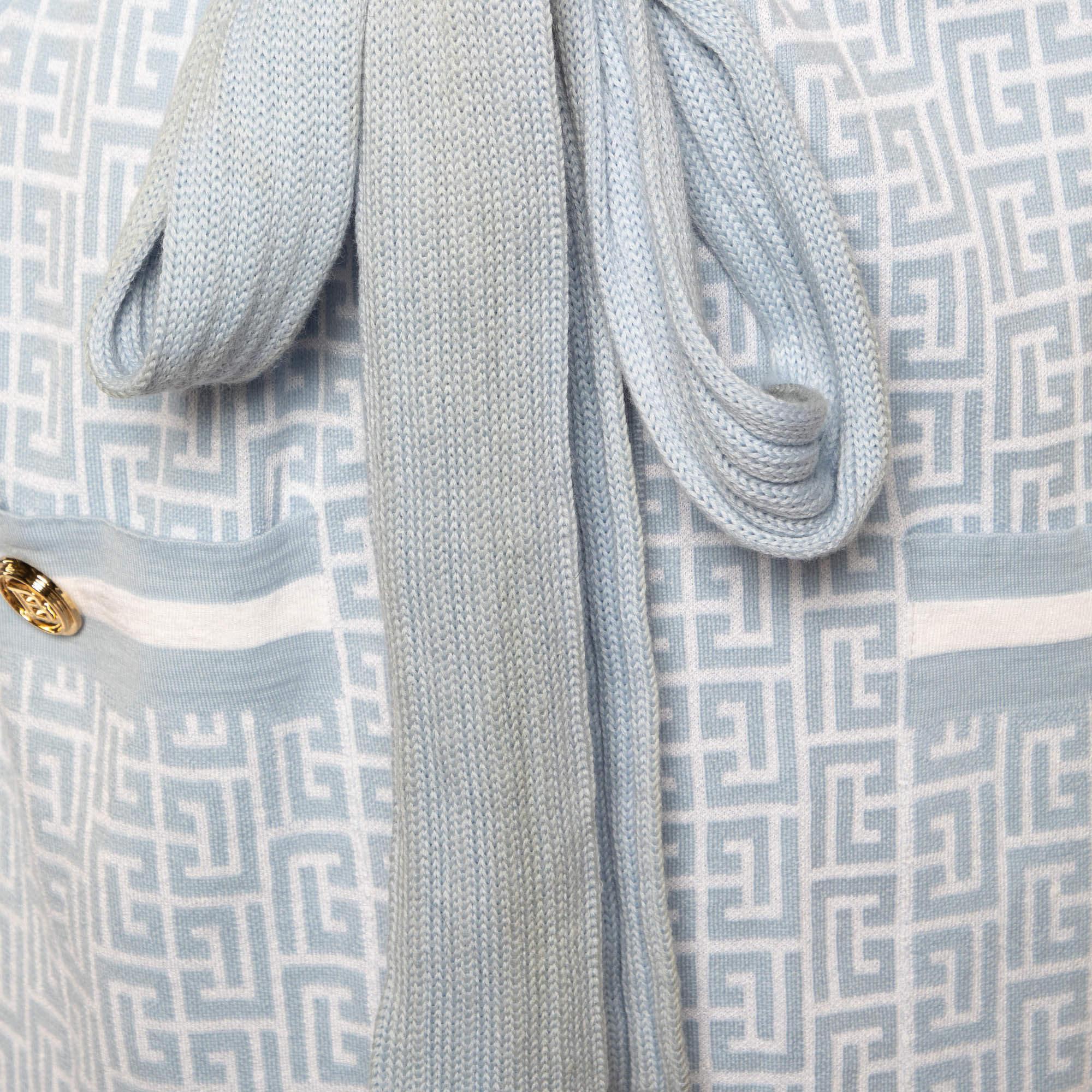 Balmain Blue Monogram Knit Open Front Belted Cardigan M For Sale 1
