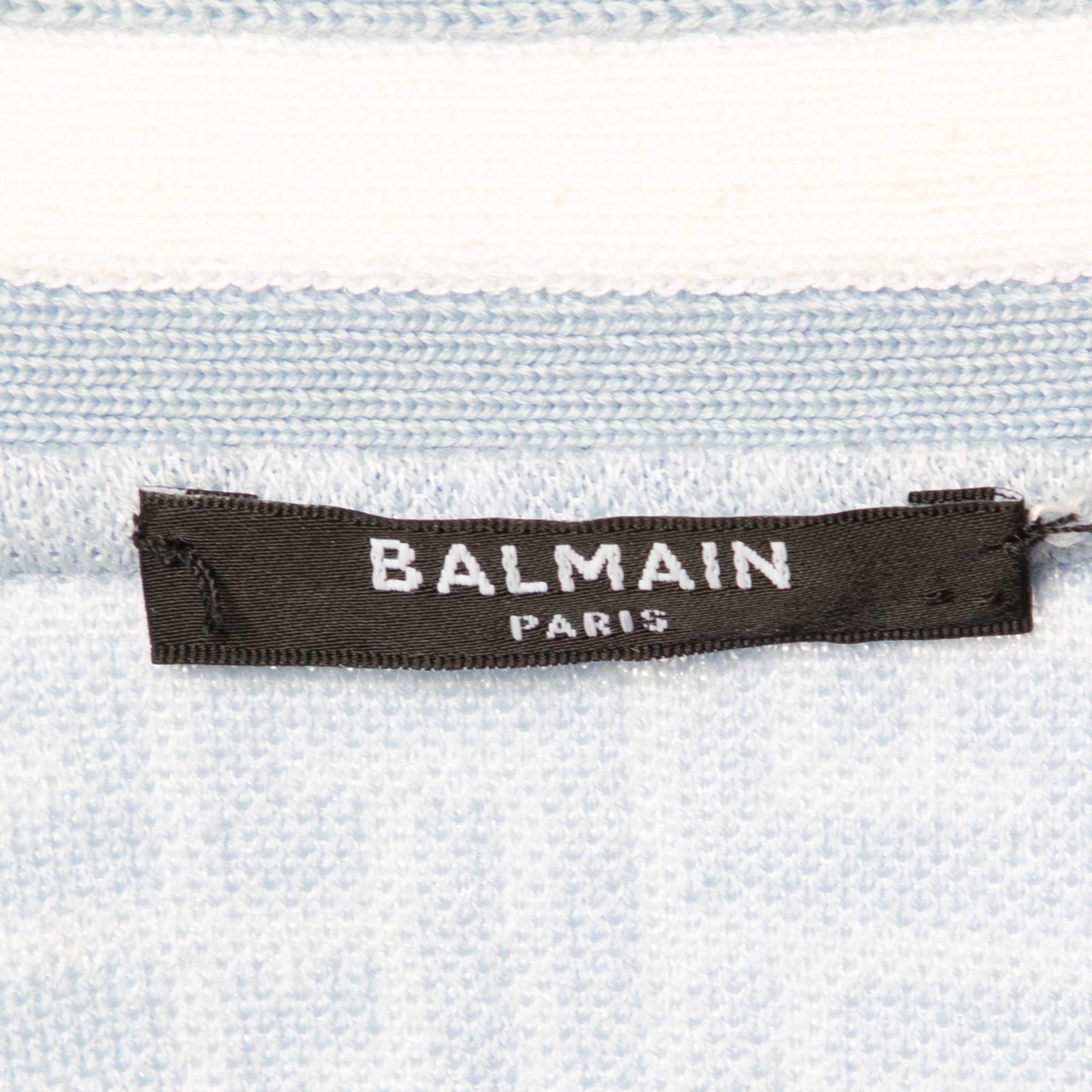Balmain Blue Monogram Knit Open Front Belted Cardigan M For Sale 3