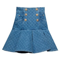 Balmain Blue Quilted Denim Button Detail Asymmetrical Hem Mini Skirt S