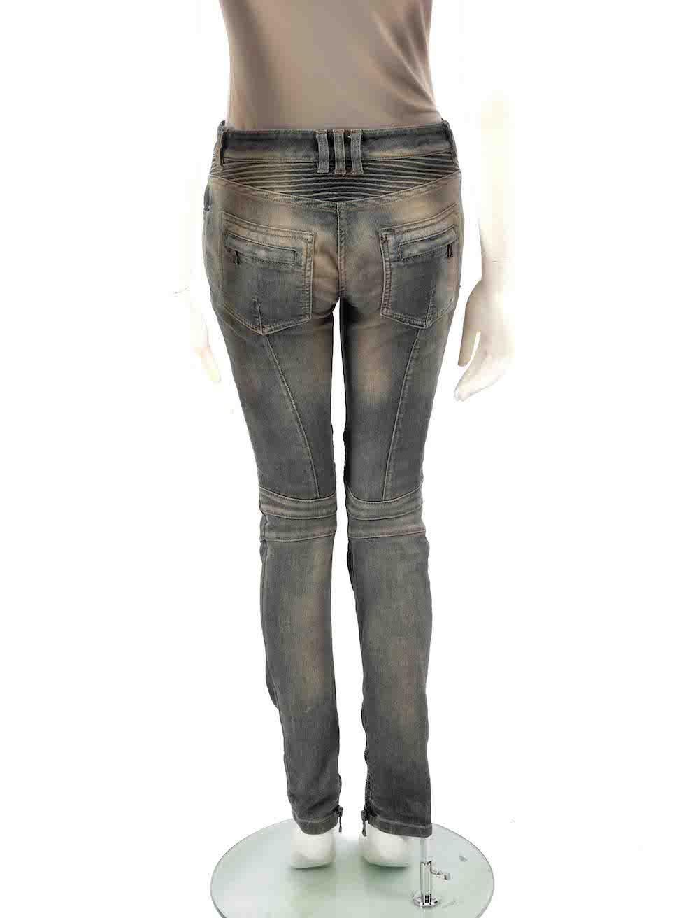 Balmain Blue Stone Washed Biker Jeans Size M In Excellent Condition For Sale In London, GB
