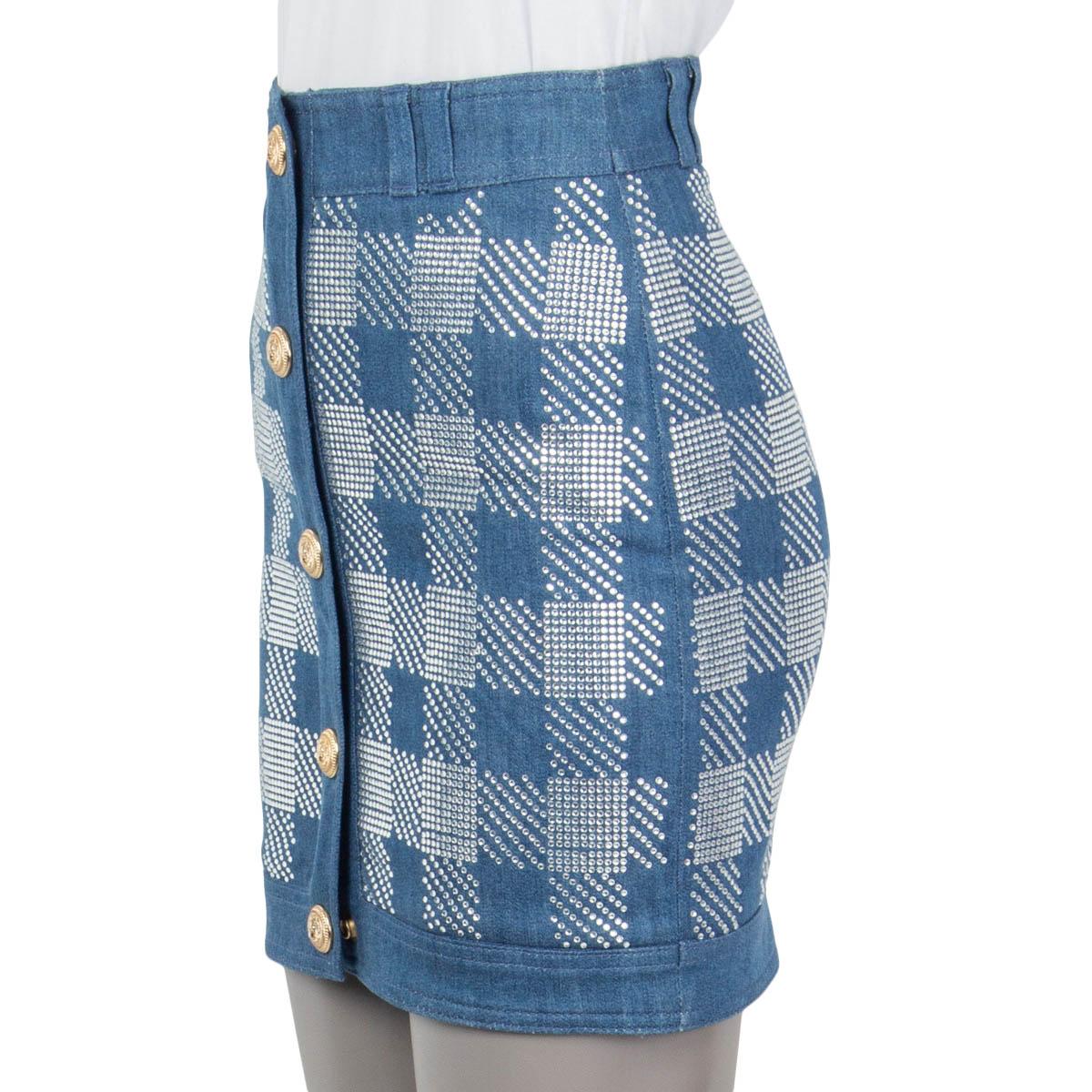 Blue BALMAIN blue STRASS CHECK DENIM MINI Skirt 36 XS For Sale