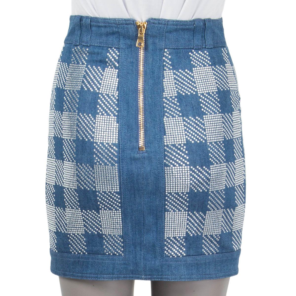 Women's BALMAIN blue STRASS CHECK DENIM MINI Skirt 36 XS For Sale