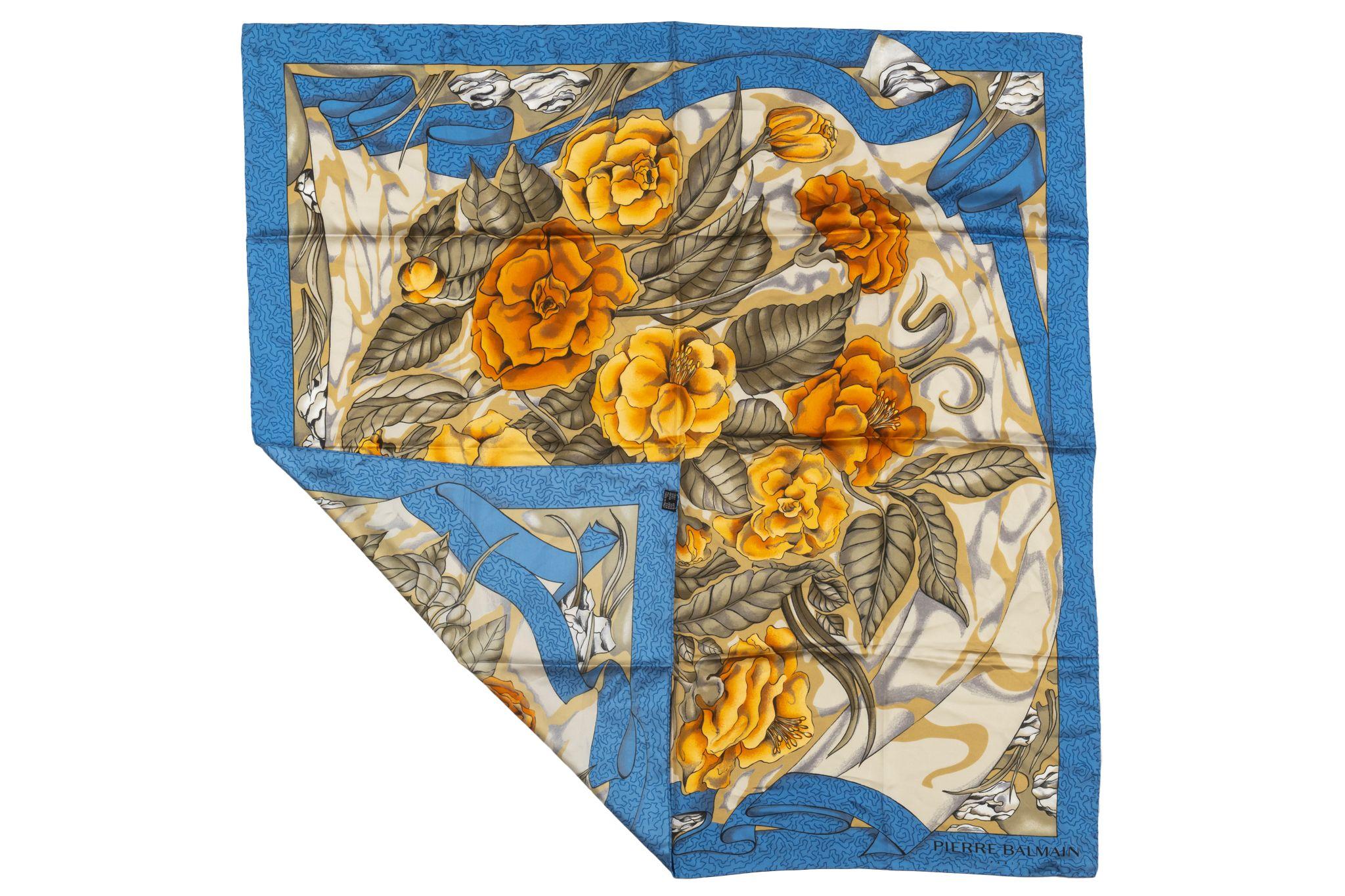 Balmain Vintage Floral Silk Scarf in light blue. The pattern features flowers in a gold tone. Piece is in excellent condition.