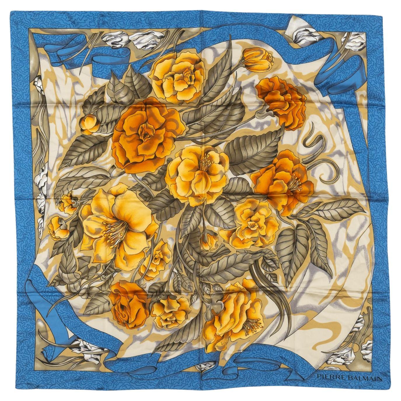 Balmain Blue Vintage Floral Silk Scarf For Sale