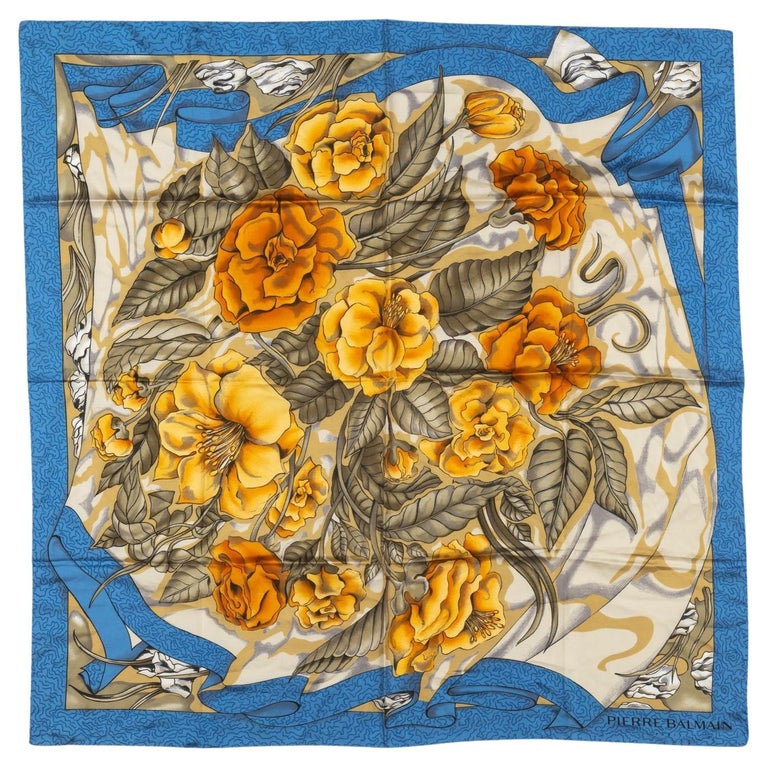 Balmain Blue Vintage Floral Silk Scarf For Sale at 1stDibs
