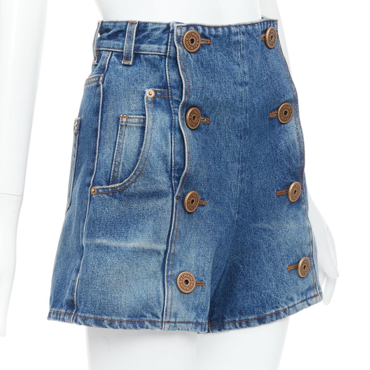 Blue BALMAIN blue washed bronze coin button high waisted denim shorts FR36 S For Sale
