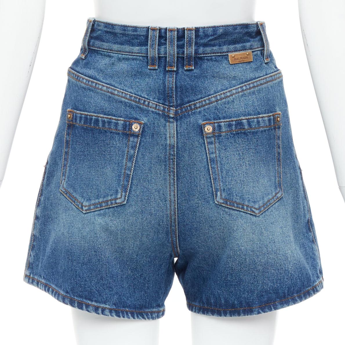 Women's BALMAIN blue washed bronze coin button high waisted denim shorts FR36 S For Sale