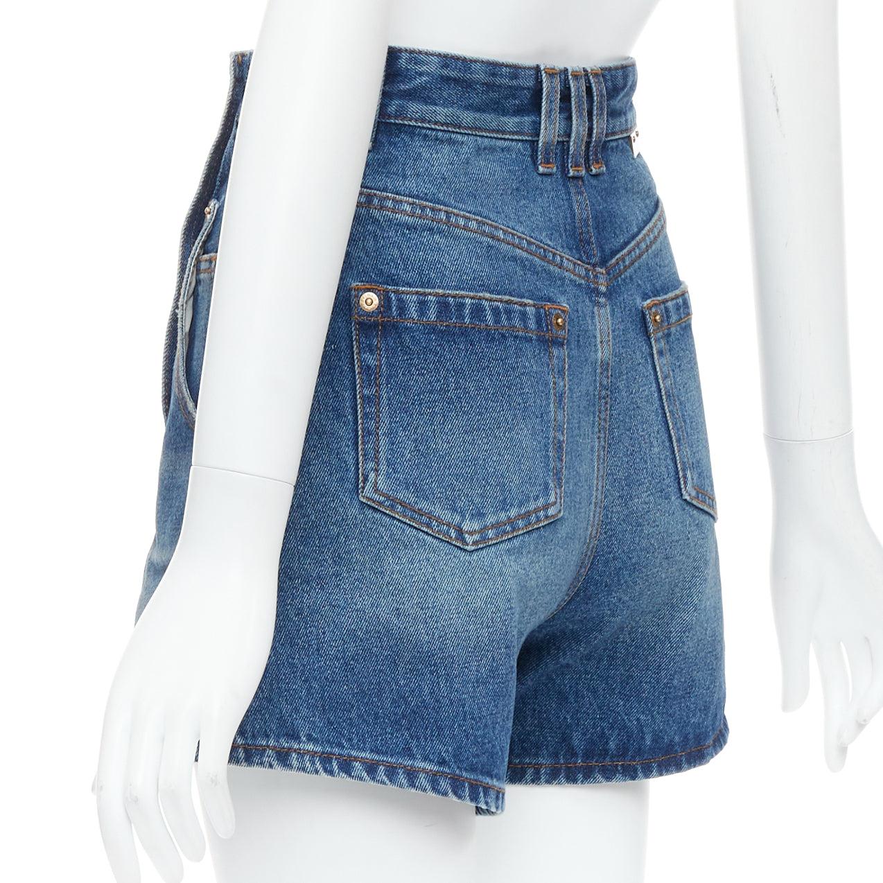 BALMAIN blue washed bronze coin button high waisted denim shorts FR36 S For Sale 1