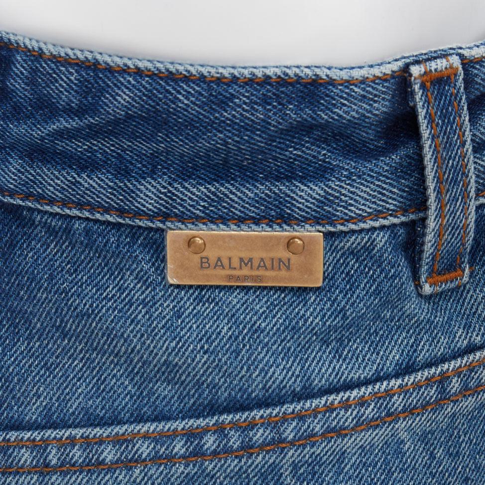 BALMAIN blue washed bronze coin button high waisted denim shorts FR36 S For Sale 2
