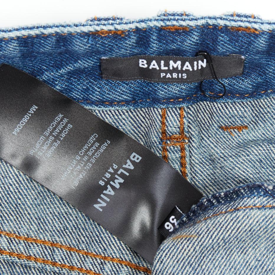 BALMAIN blue washed bronze coin button high waisted denim shorts FR36 S For Sale 3
