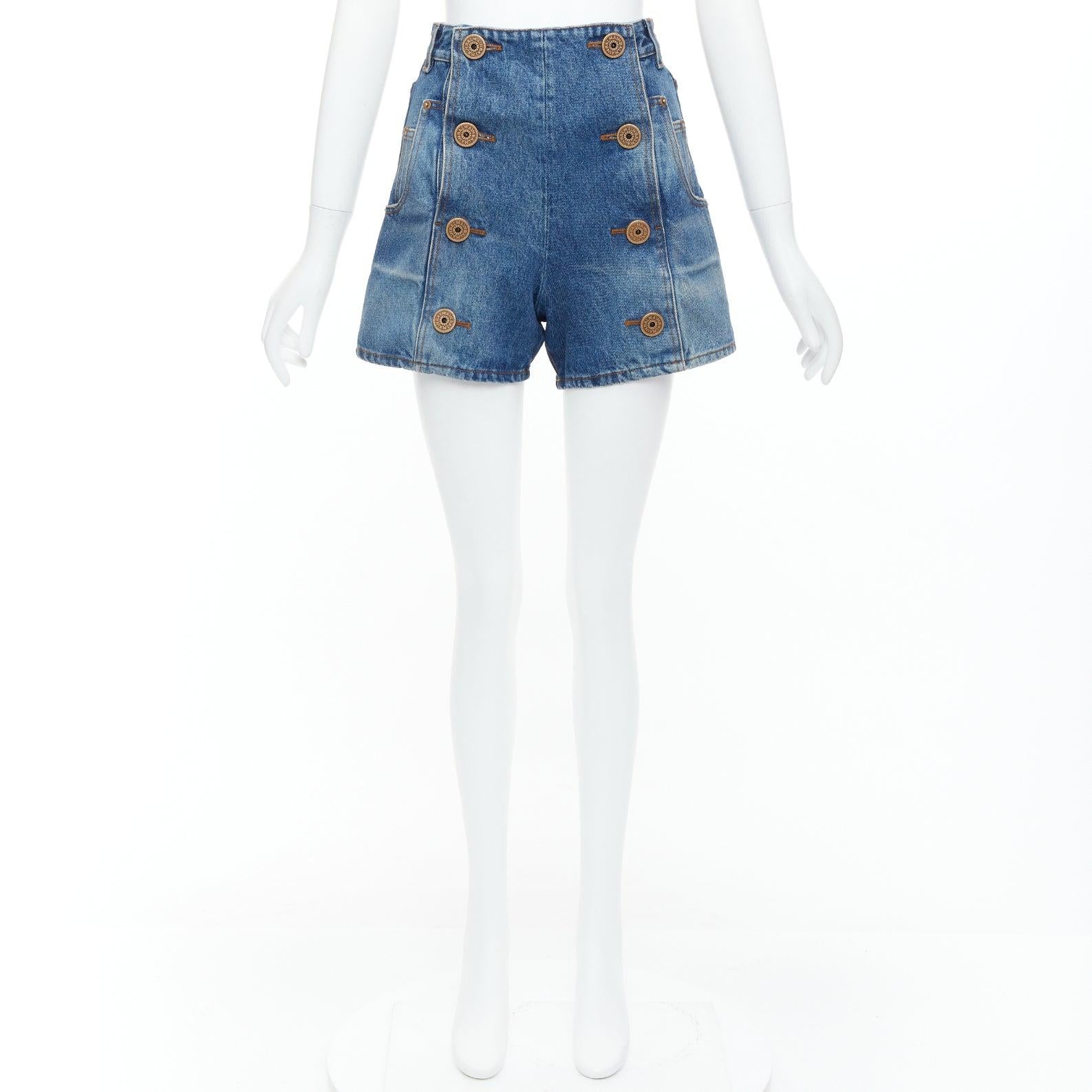 BALMAIN blue washed bronze coin button high waisted denim shorts FR36 S For Sale 4