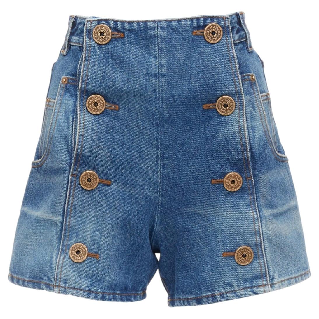 BALMAIN blue washed bronze coin button high waisted denim shorts FR36 S