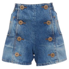 BALMAIN blue washed bronze coin button high waisted denim shorts FR36 S