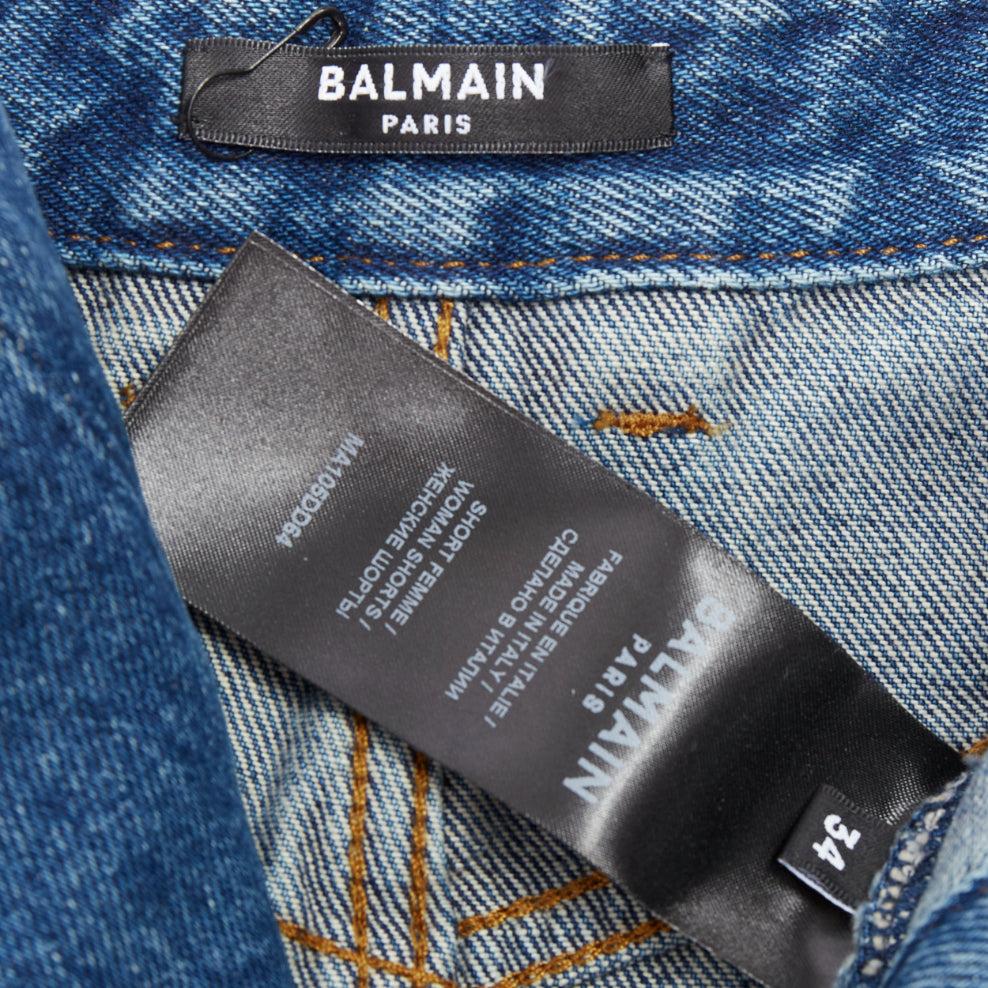 Balmain pantaloncini in denim a vita alta FR34 XS con bottoni in bronzo lavati blu in vendita 3