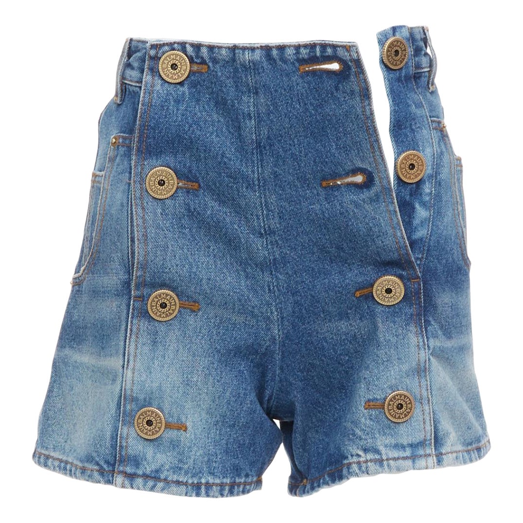 Balmain pantaloncini in denim a vita alta FR34 XS con bottoni in bronzo lavati blu