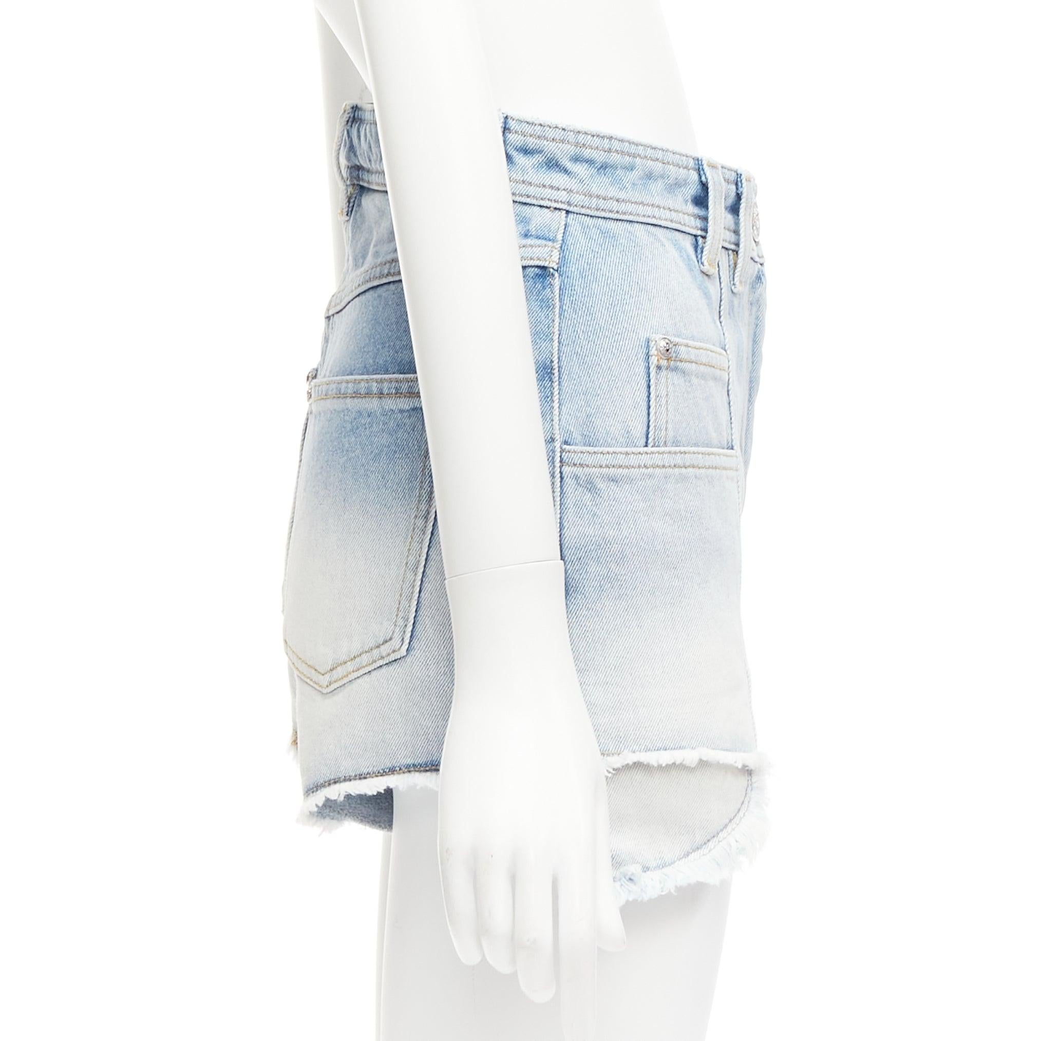 Women's BALMAIN blue washed cotton denim panelled pockets cut cutaway cargo shorts FR36 For Sale