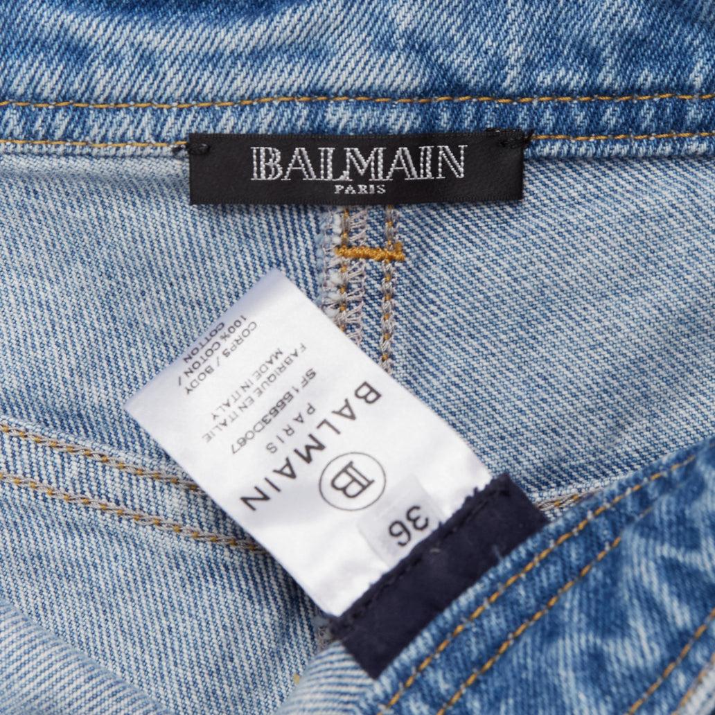 BALMAIN blue washed cotton denim panelled pockets cut cutaway cargo shorts FR36 For Sale 4