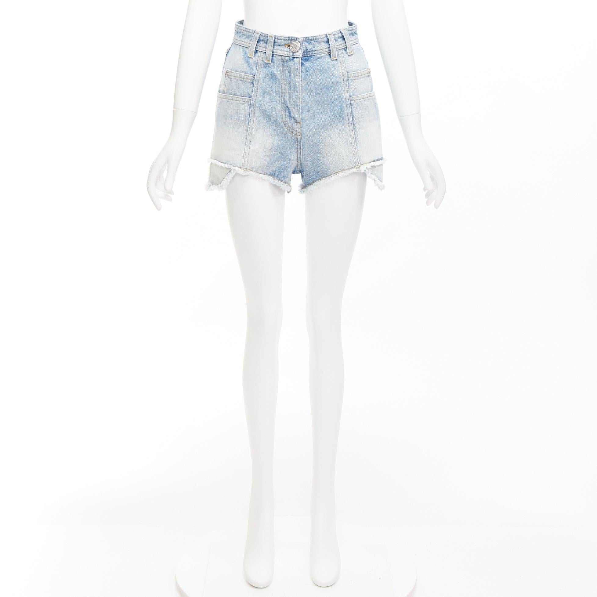 BALMAIN blue washed cotton denim panelled pockets cut cutaway cargo shorts FR36 For Sale 5