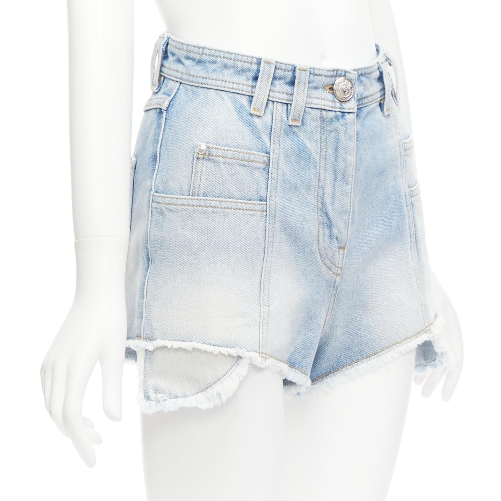 Blue BALMAIN blue washed cotton denim panelled pockets cutaway cargo shorts FR36 S For Sale