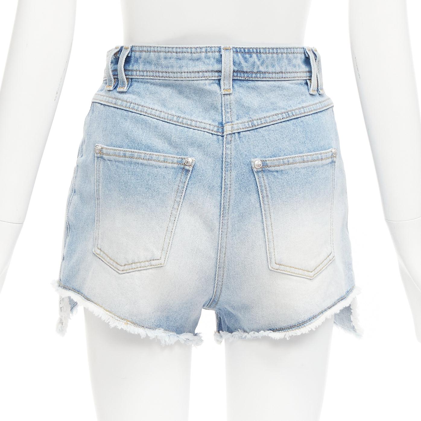 Women's BALMAIN blue washed cotton denim panelled pockets cutaway cargo shorts FR36 S For Sale