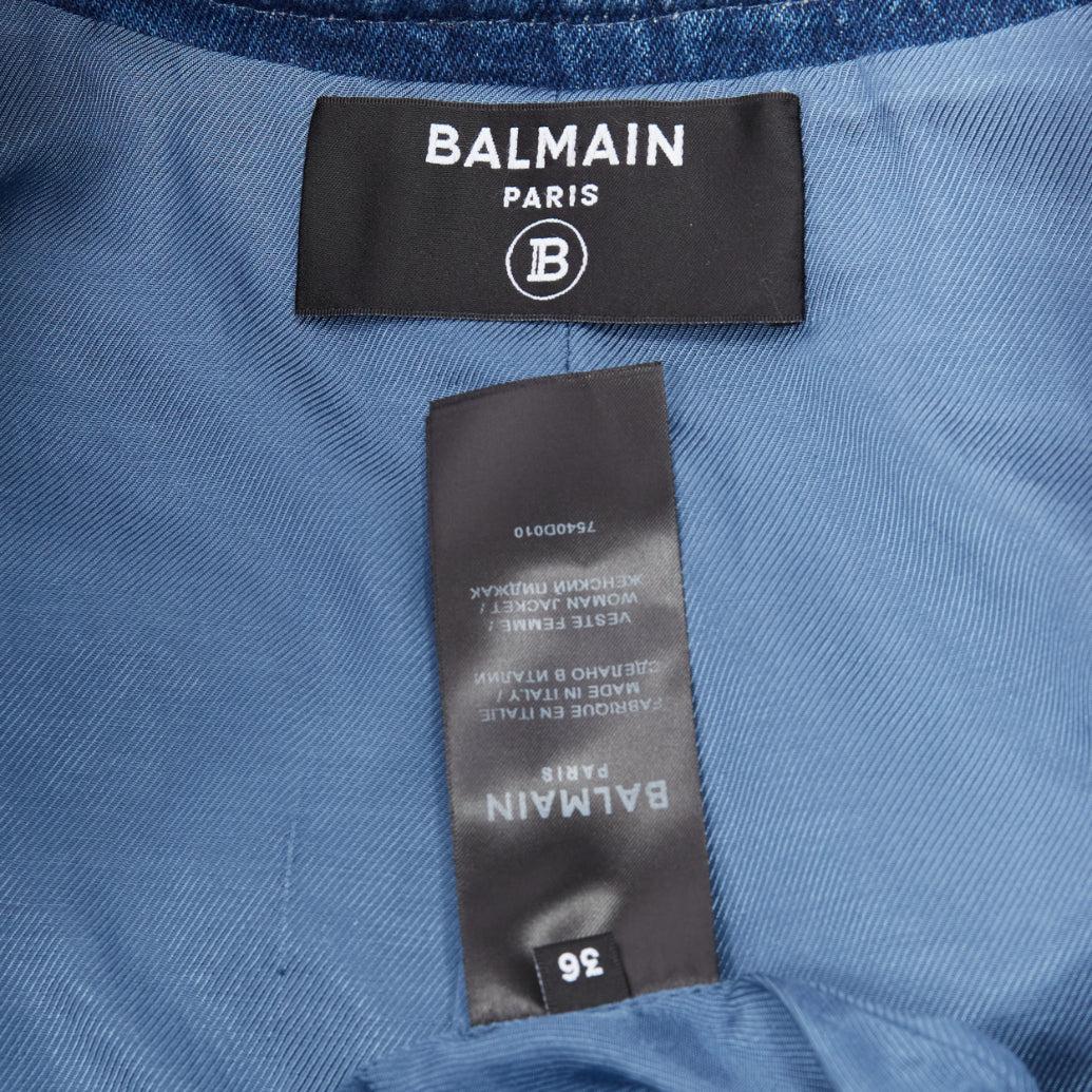 BALMAIN blue washed cotton denim silver crystal embellished trim jacket FR36 S For Sale 6