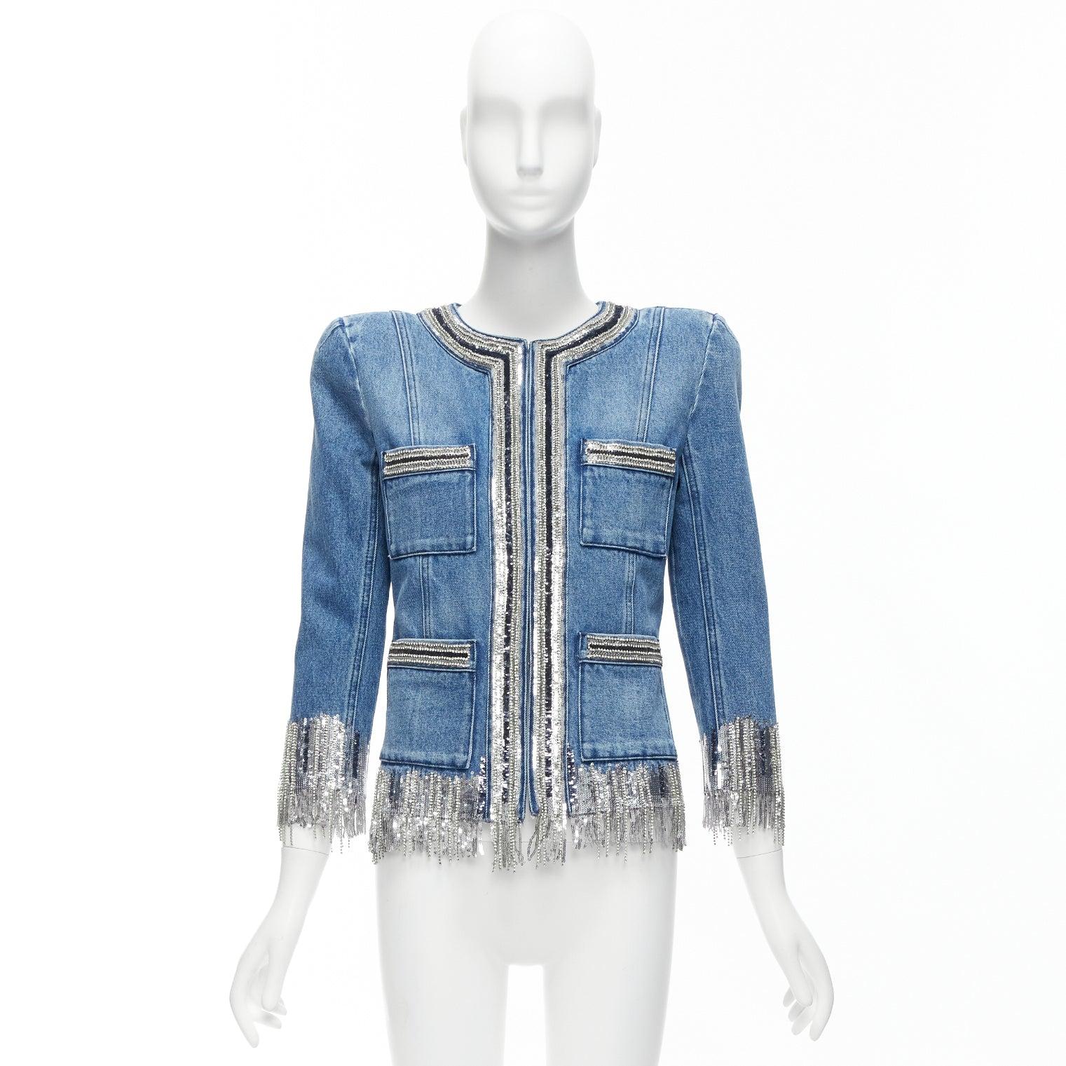BALMAIN blue washed cotton denim silver crystal embellished trim jacket FR36 S For Sale 6