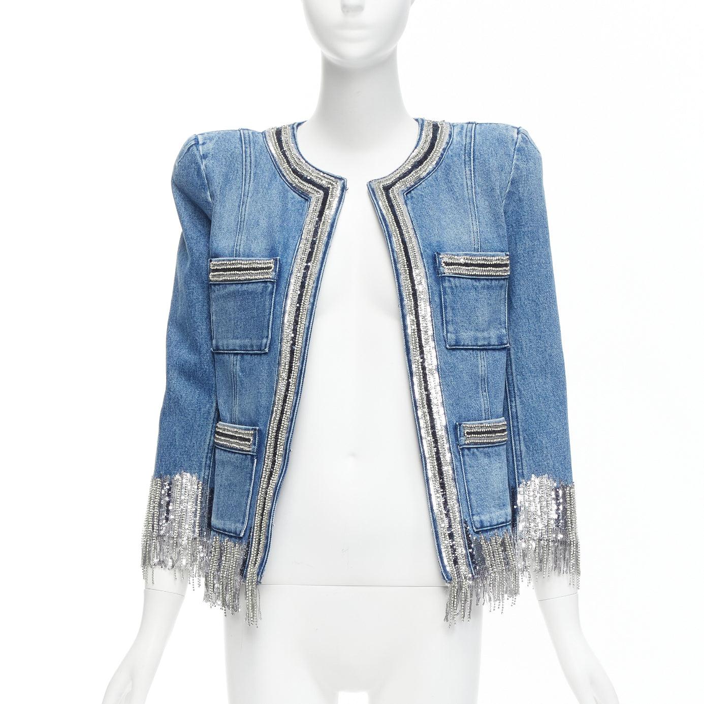 Blue BALMAIN blue washed cotton denim silver crystal embellished trim jacket FR36 S For Sale