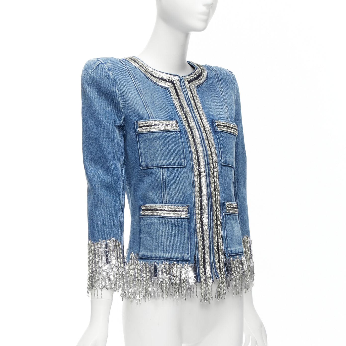 Women's BALMAIN blue washed cotton denim silver crystal embellished trim jacket FR36 S For Sale