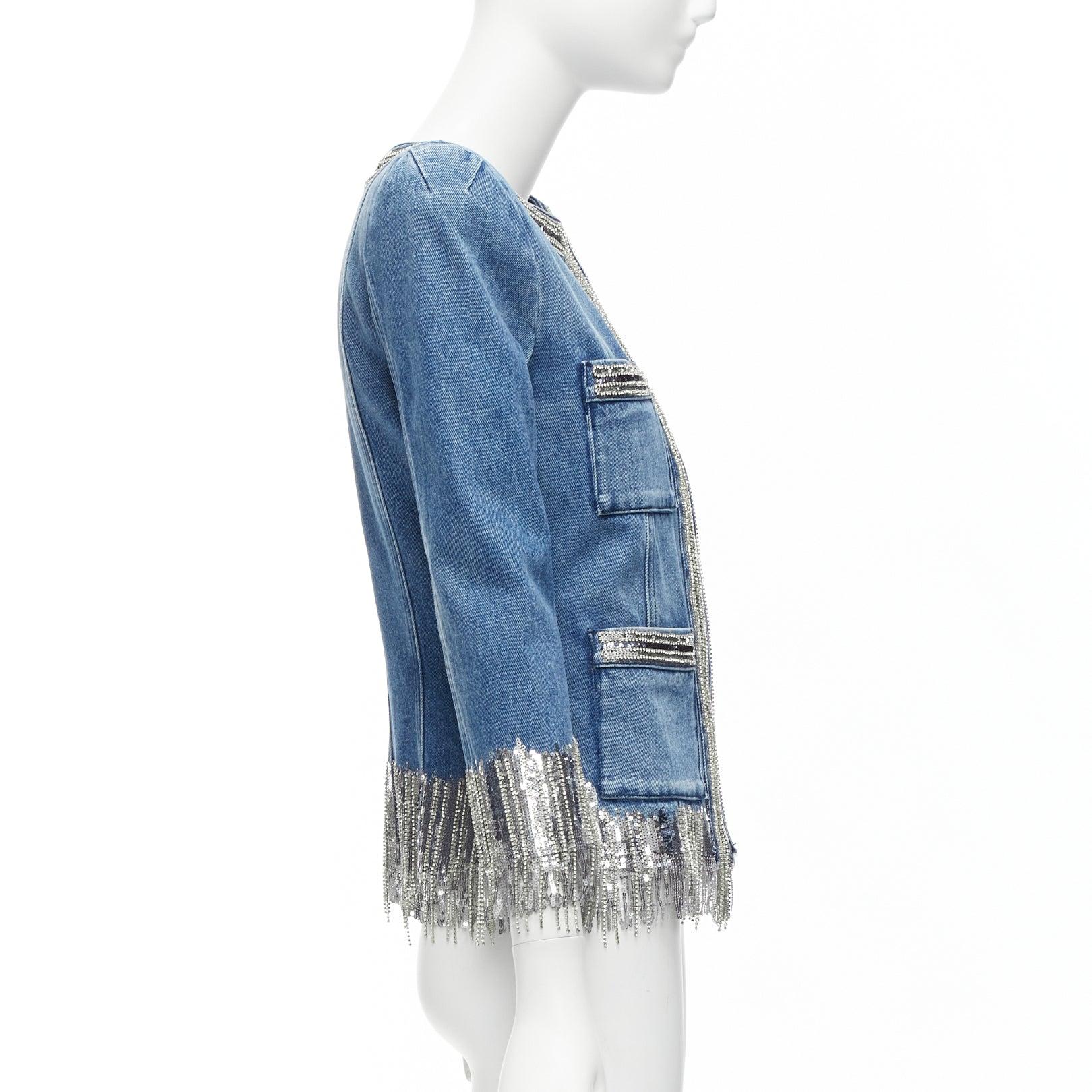 Women's BALMAIN blue washed cotton denim silver crystal embellished trim jacket FR36 S For Sale
