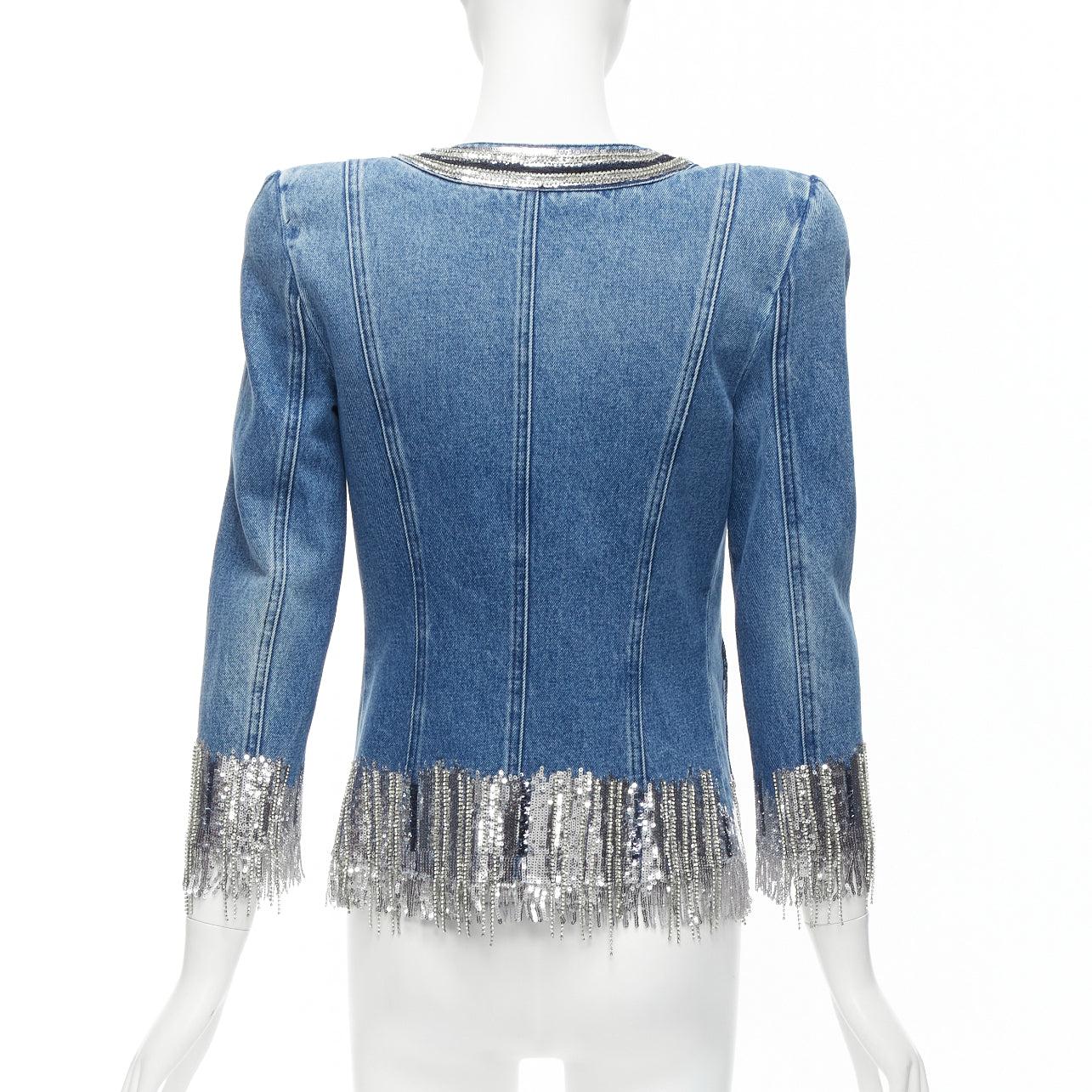BALMAIN blue washed cotton denim silver crystal embellished trim jacket FR36 S For Sale 1