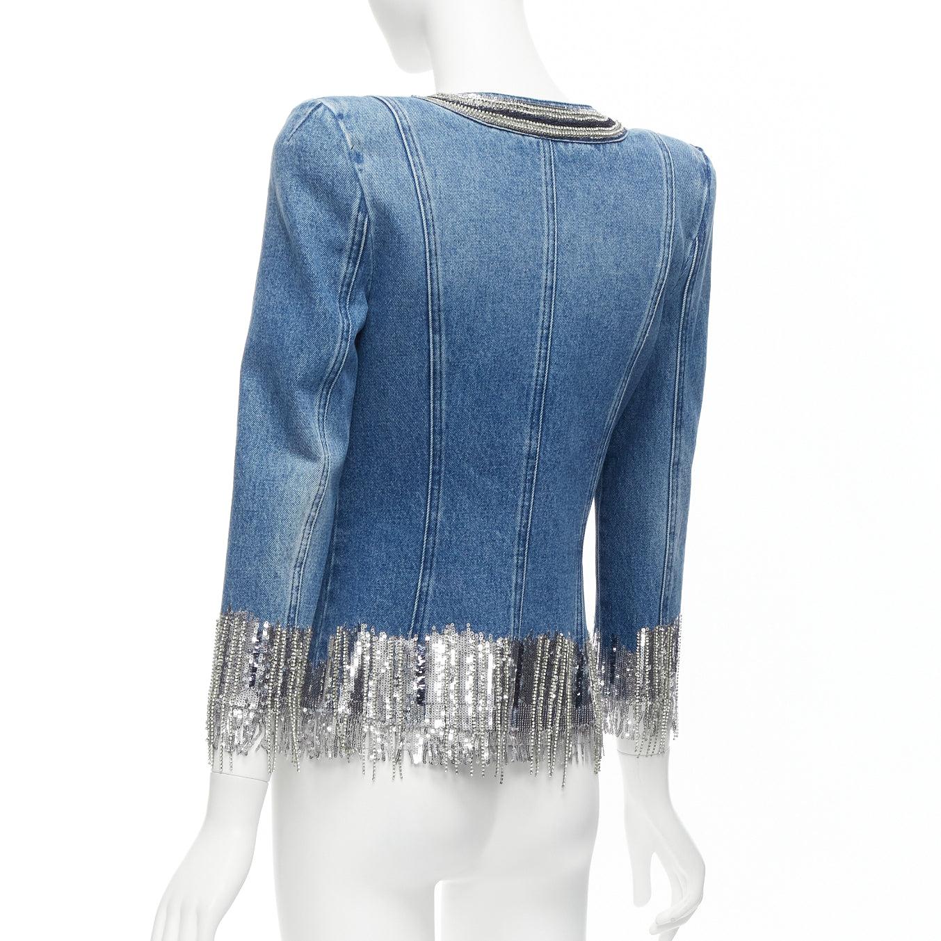 BALMAIN blue washed cotton denim silver crystal embellished trim jacket FR36 S For Sale 2