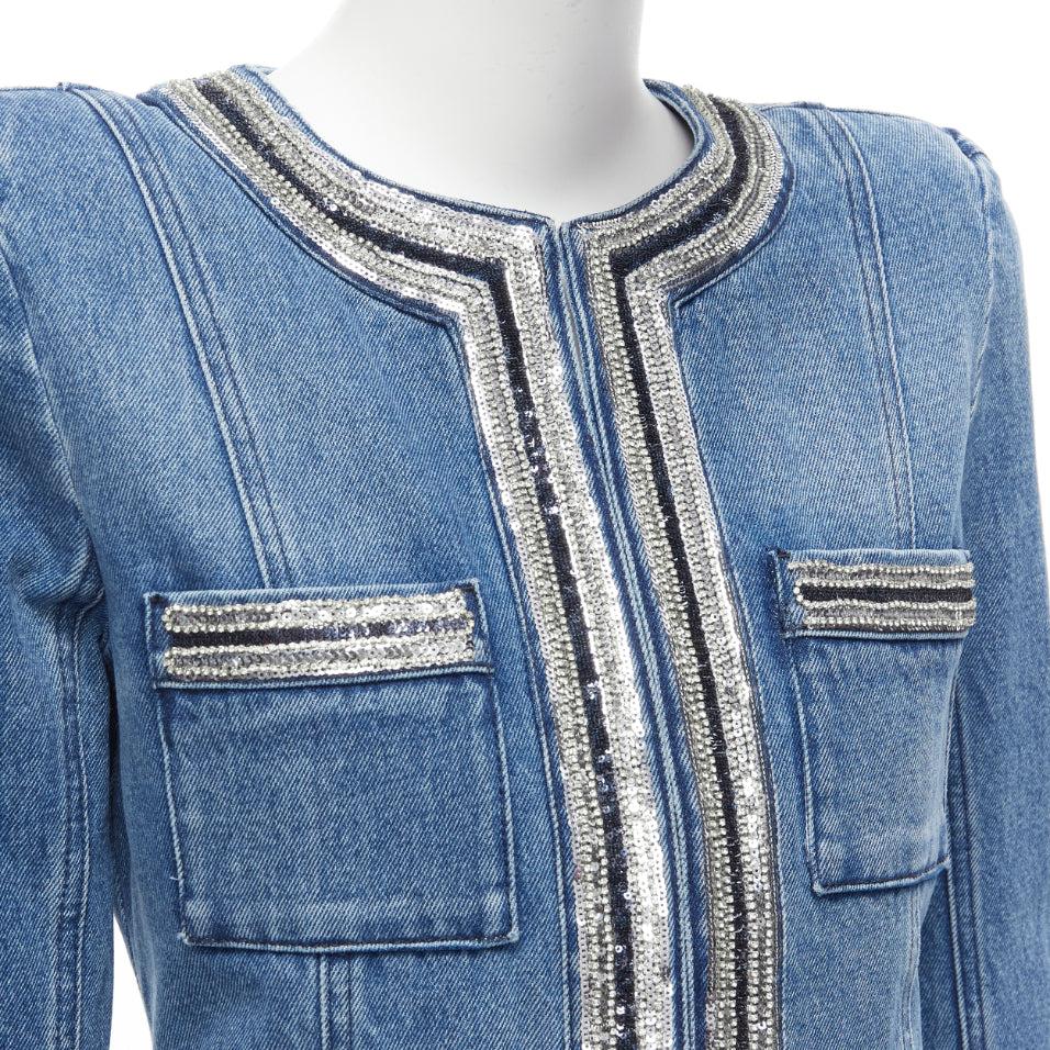 BALMAIN blue washed cotton denim silver crystal embellished trim jacket FR36 S For Sale 3