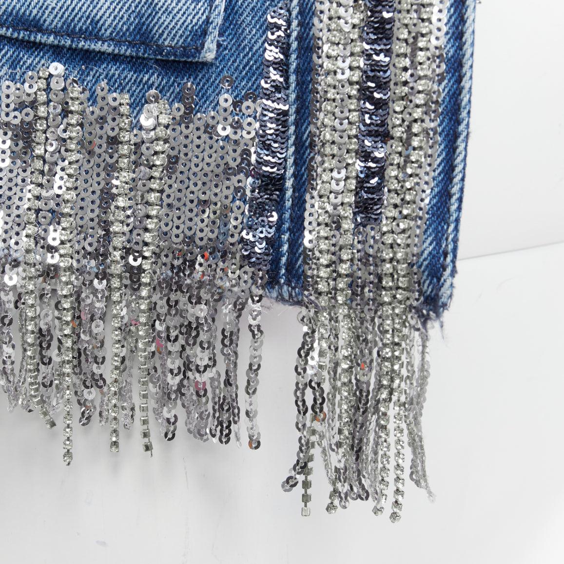 BALMAIN blue washed cotton denim silver crystal embellished trim jacket FR36 S For Sale 4