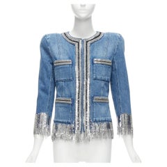 BALMAIN blue washed cotton denim silver crystal embellished trim jacket FR36 S