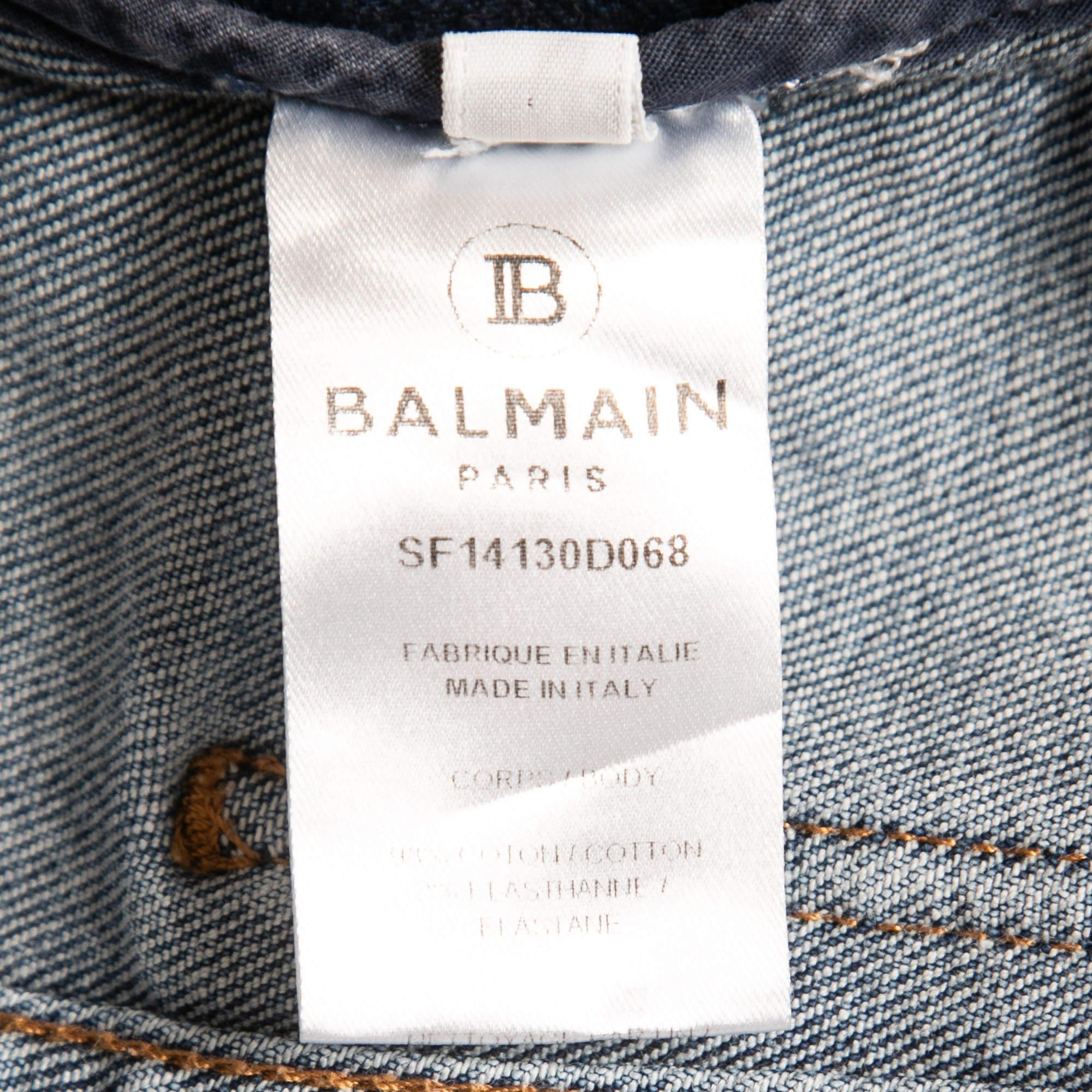 Gray Balmain Blue Washed Denim Button Detail Mini Skirt