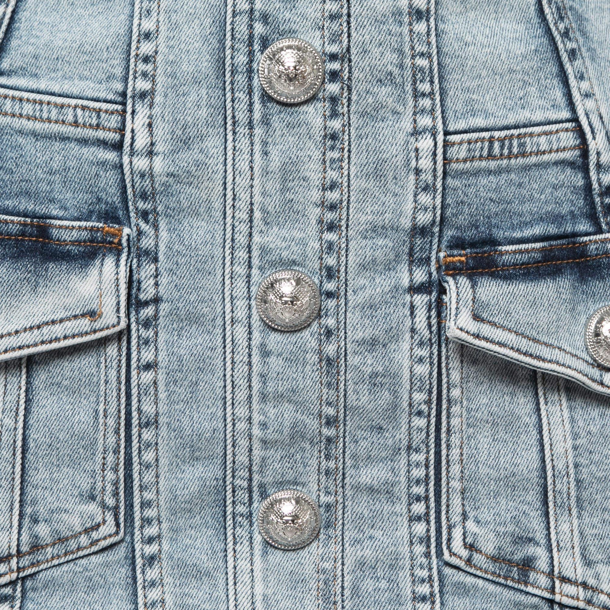 Balmain Blue Washed Denim Button Detail Mini Skirt In Good Condition In Dubai, Al Qouz 2