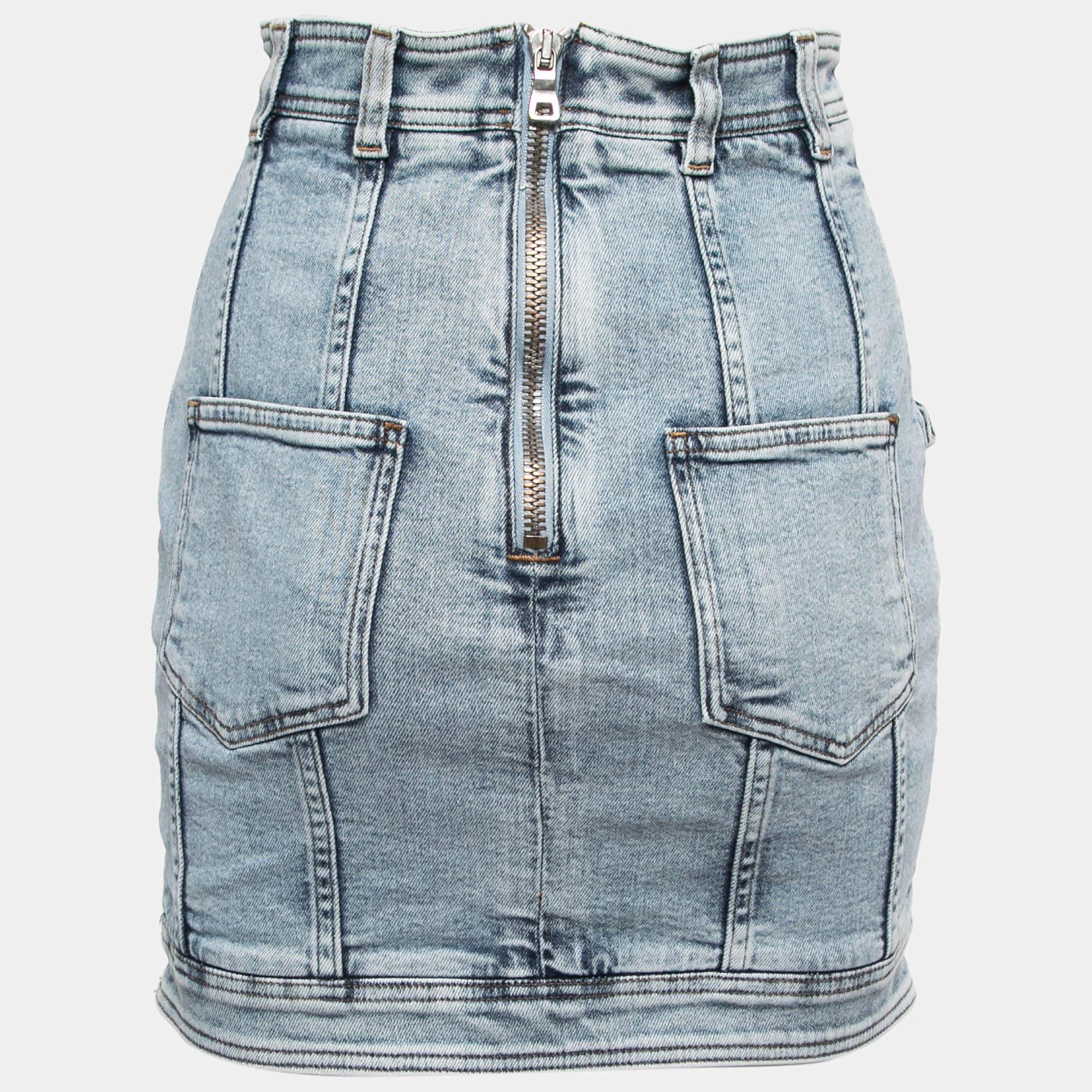 Balmain Blue Washed Denim Button Detail Mini Skirt 1