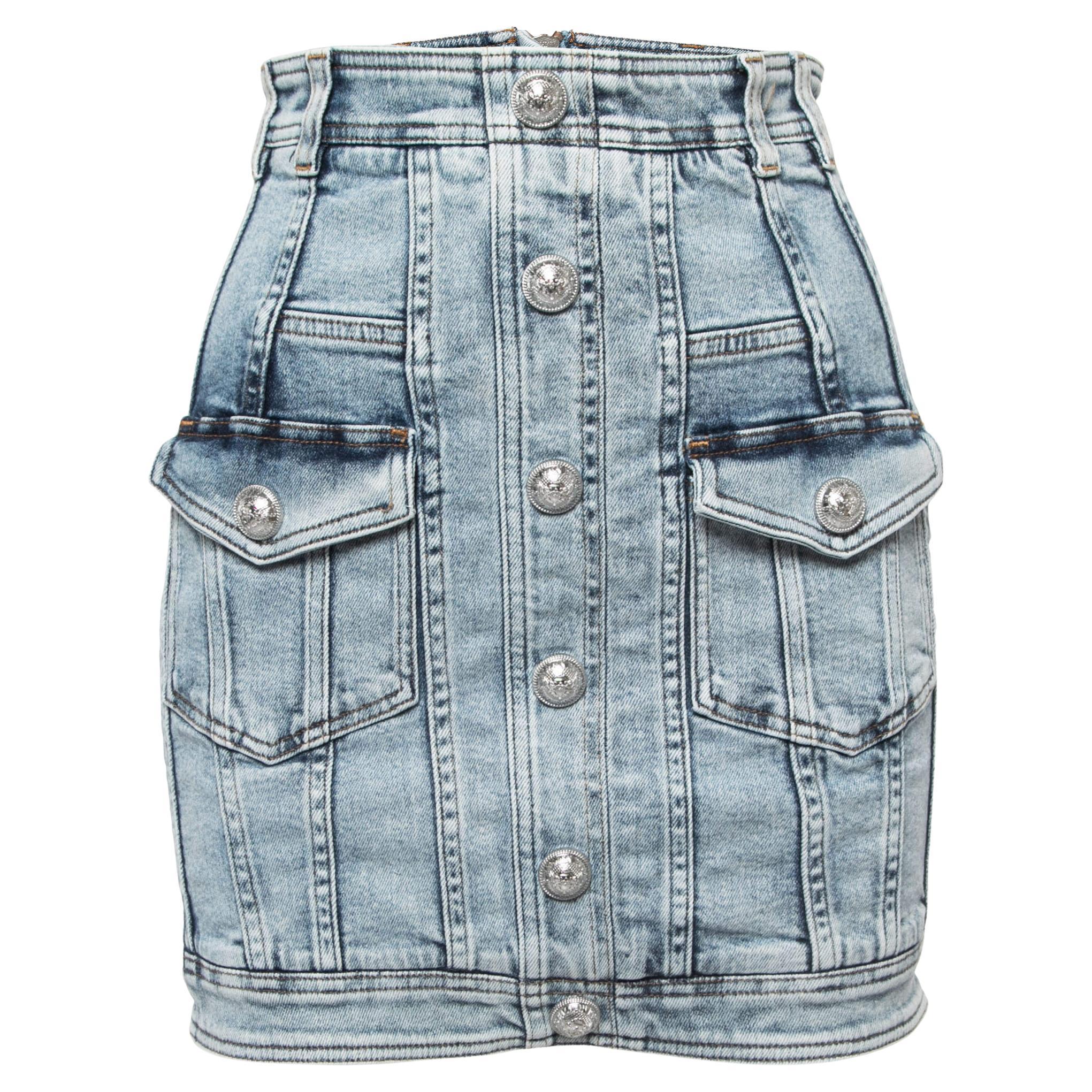 Balmain Blue Washed Denim Button Detail Mini Skirt