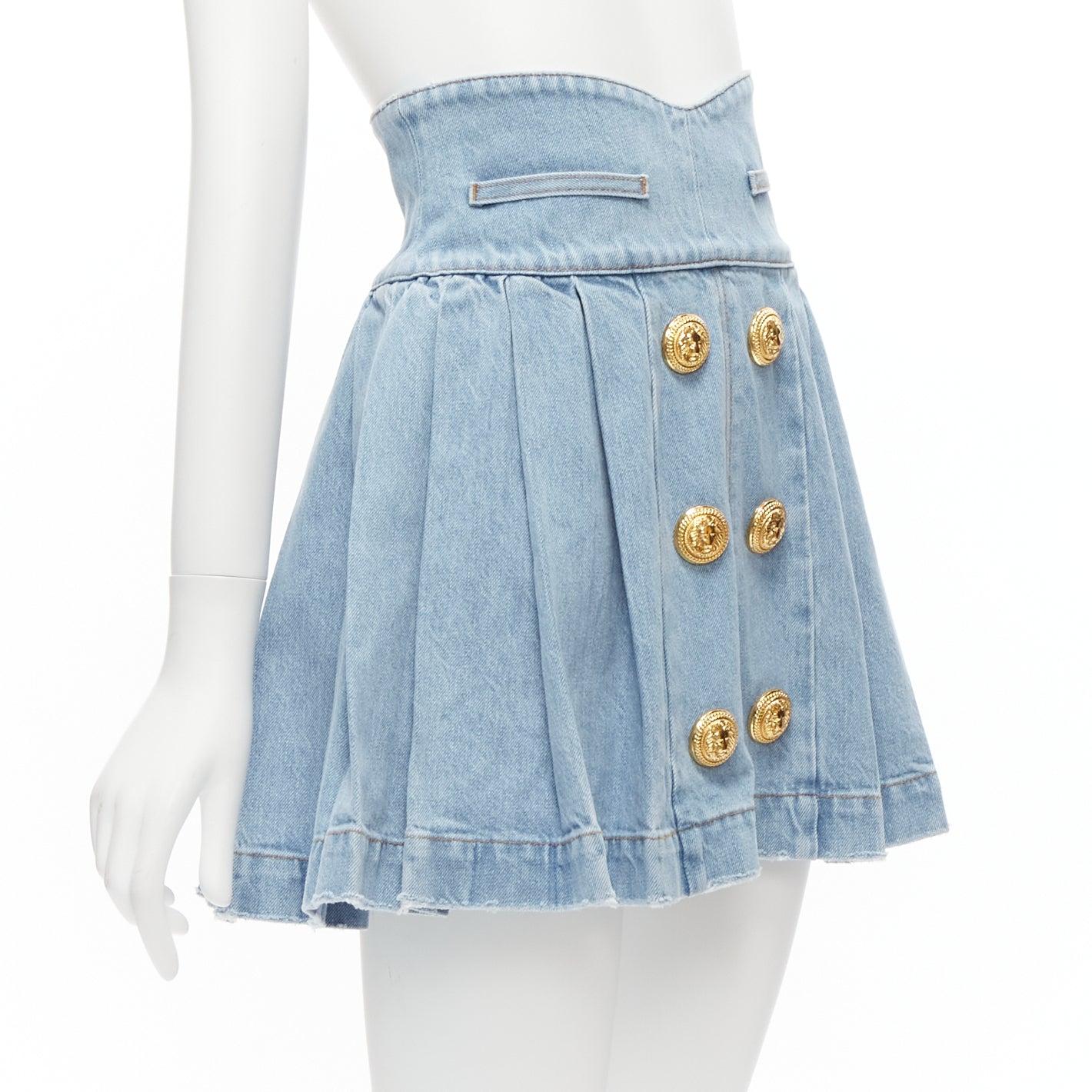 Blue BALMAIN blue washed denim gold military buttons box pleat flared skirt FR34 XS