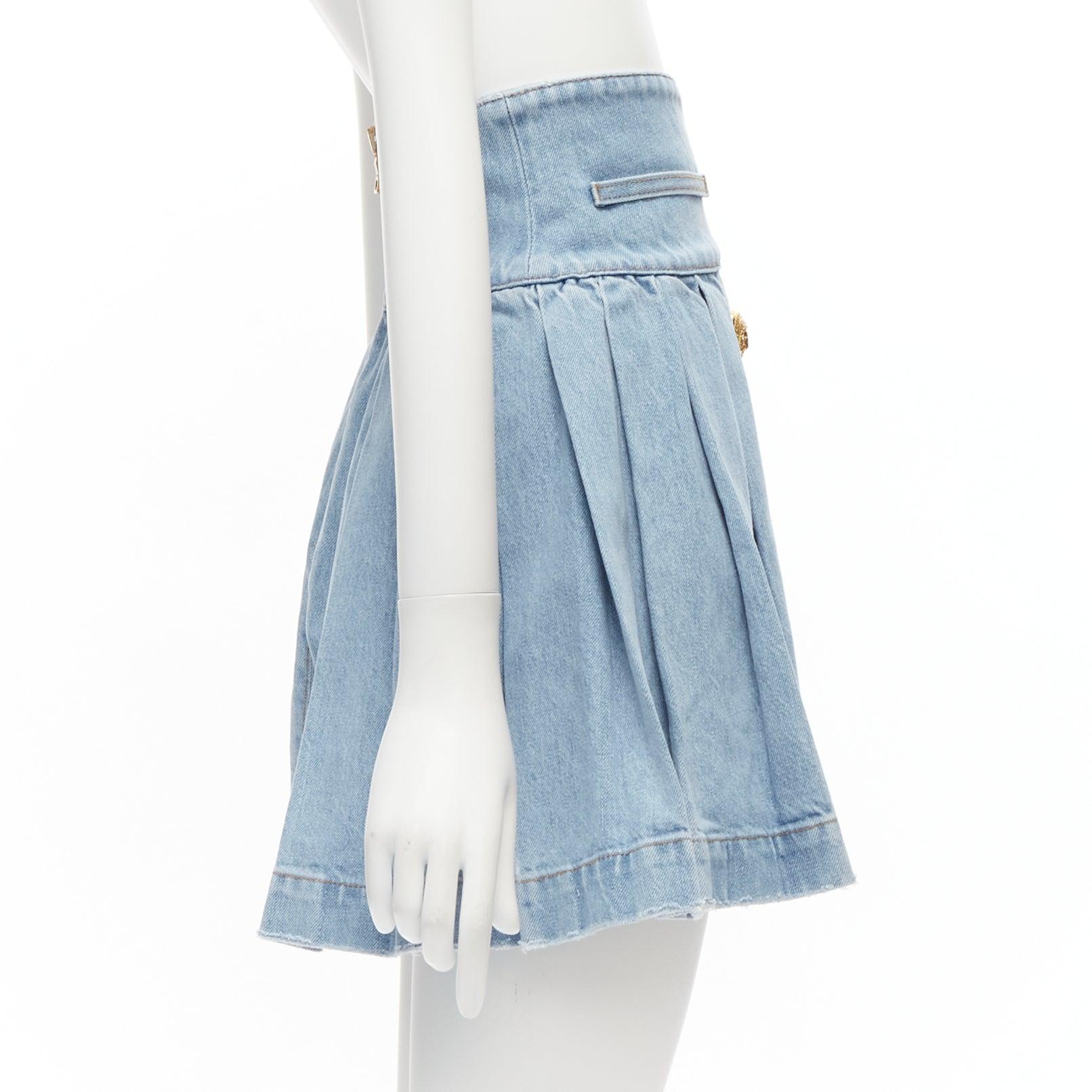BALMAIN blue washed denim gold military buttons box pleat flared skirt FR34 XS In Excellent Condition In Hong Kong, NT