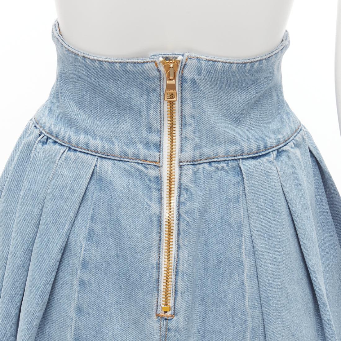 BALMAIN blue washed denim gold military buttons box pleat flared skirt FR34 XS 2