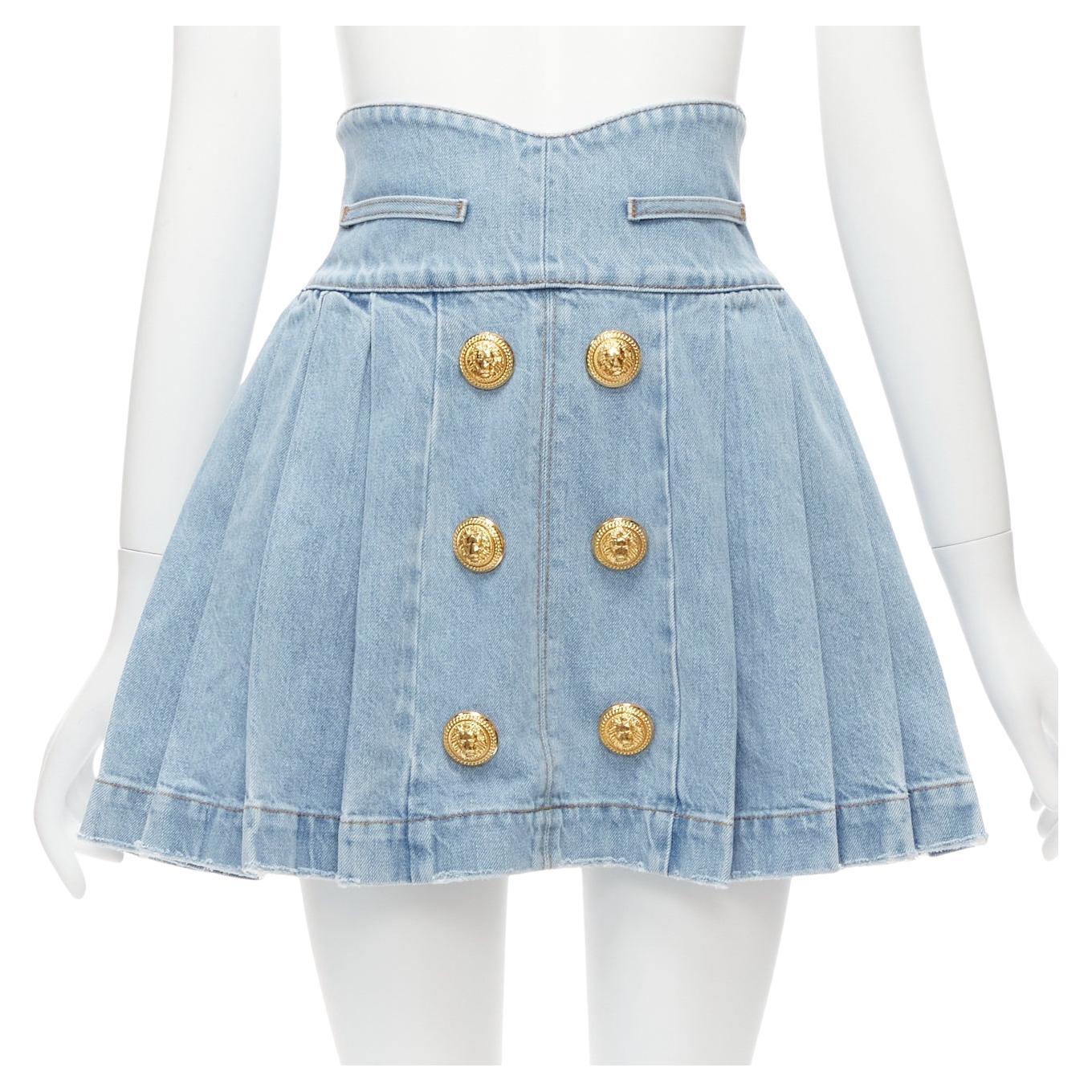 BALMAIN blue washed denim gold military buttons box pleat flared skirt FR34 XS