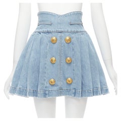 BALMAIN blue washed denim gold military buttons box pleat flared skirt FR34 XS