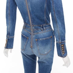 BALMAIN blue washed distressed denim gold double breasted jumpsuit FR34 XS