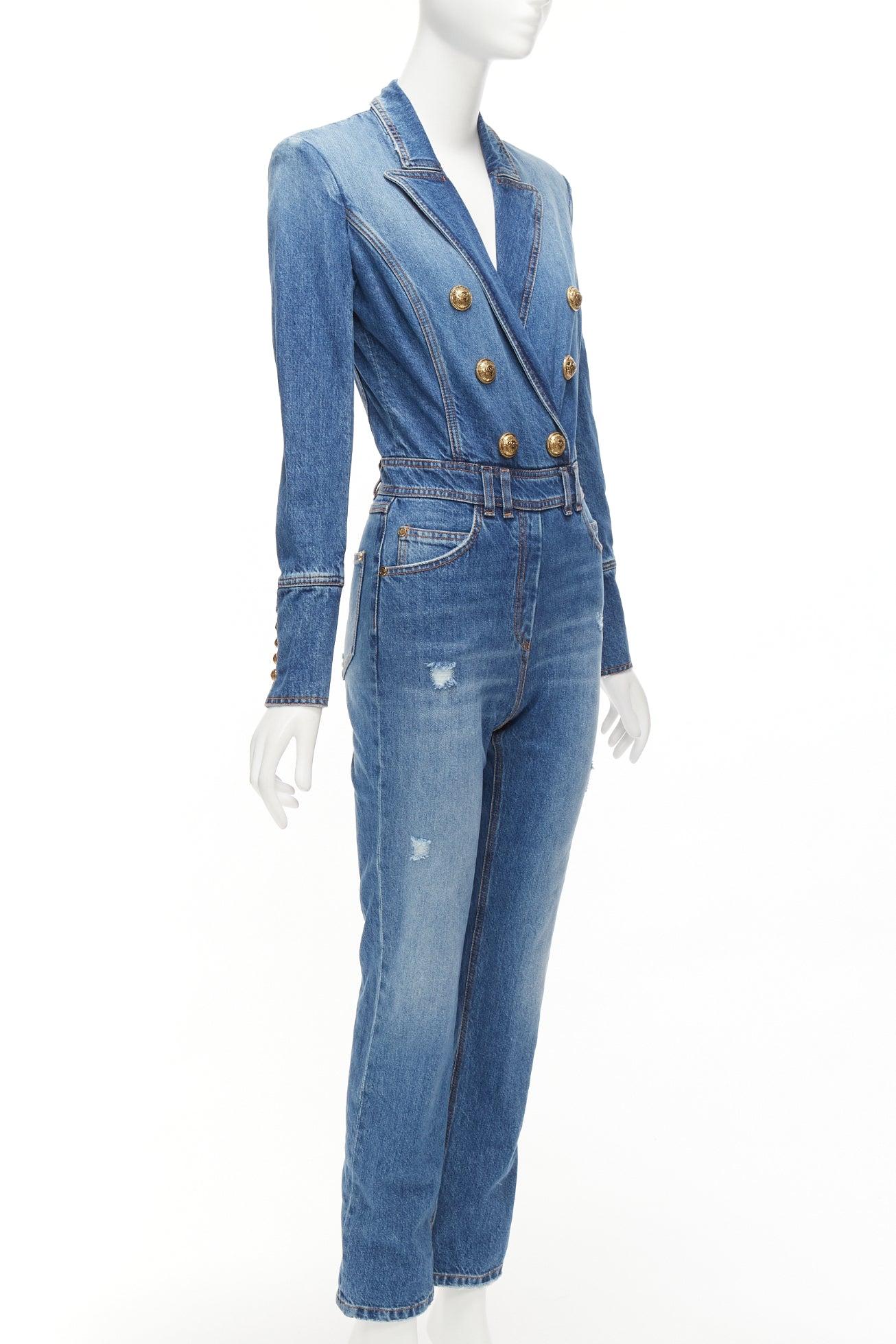 Blue BALMAIN blue washed distressed denim gold double breasted jumpsuit FR34 XS For Sale