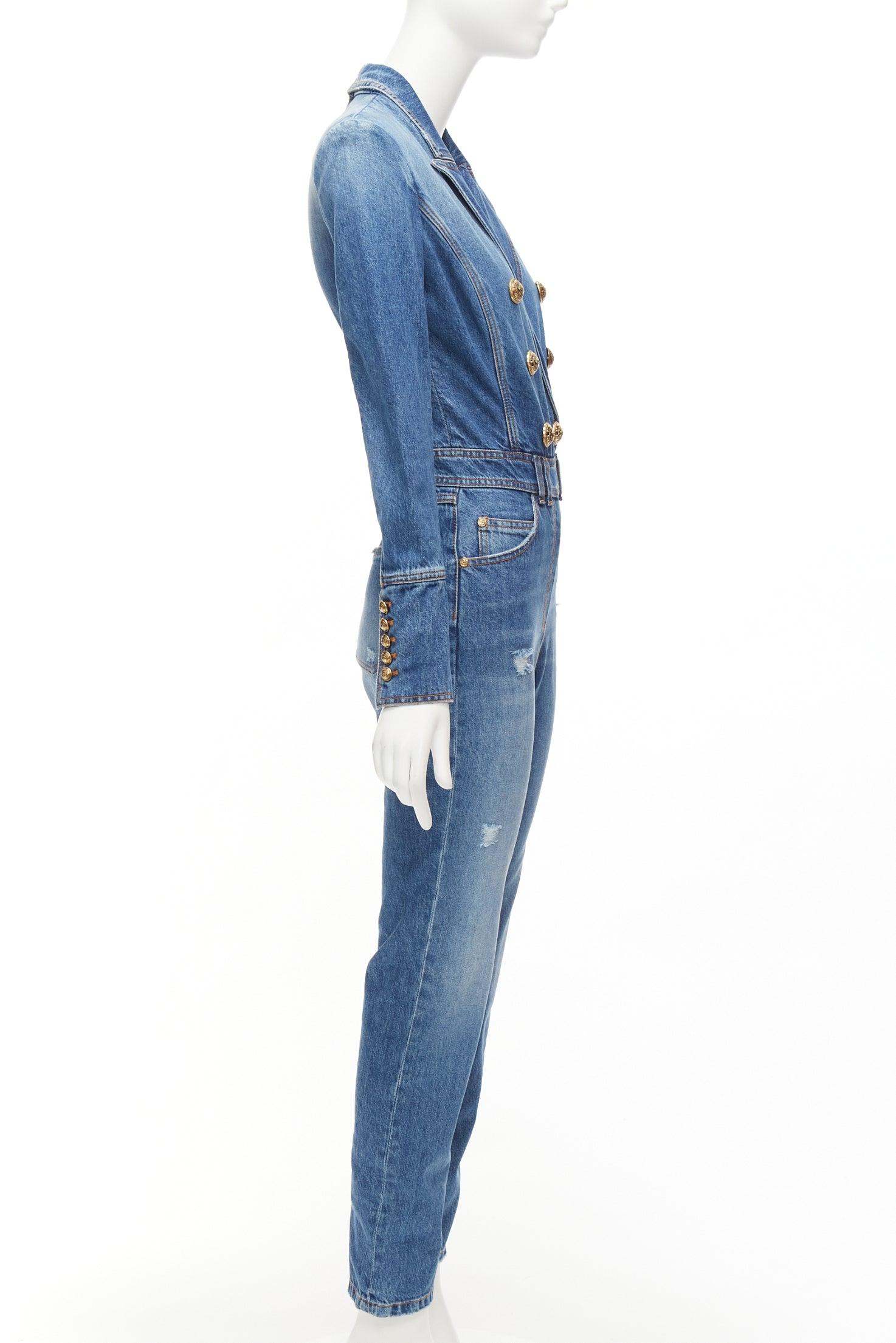 Women's BALMAIN blue washed distressed denim gold double breasted jumpsuit FR34 XS For Sale
