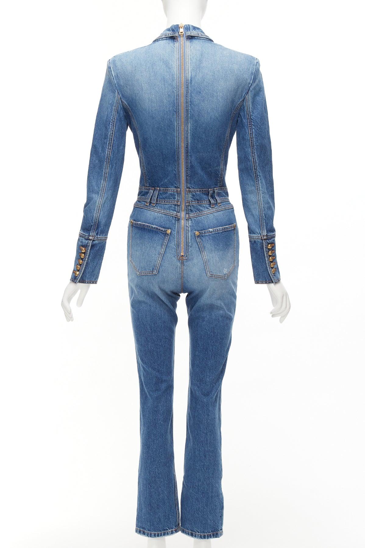 Women's BALMAIN blue washed distressed denim gold double breasted jumpsuit FR34 XS For Sale