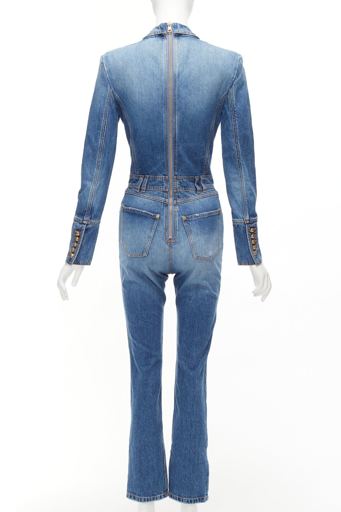 BALMAIN blue washed distressed denim gold double breasted jumpsuit FR34 XS For Sale 1